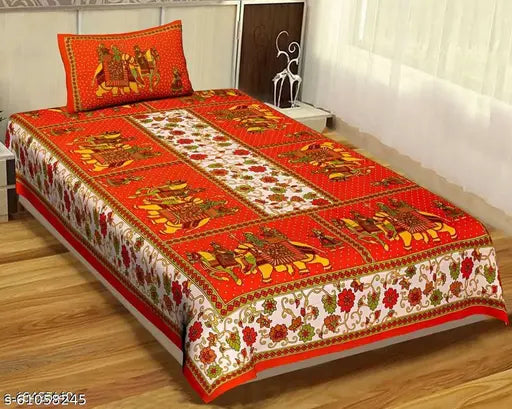 Orange Gangor Jaipuri print cotton single bed sheet with pillow cover, high-quality Indian bed linen for contemporary bedroom decor
