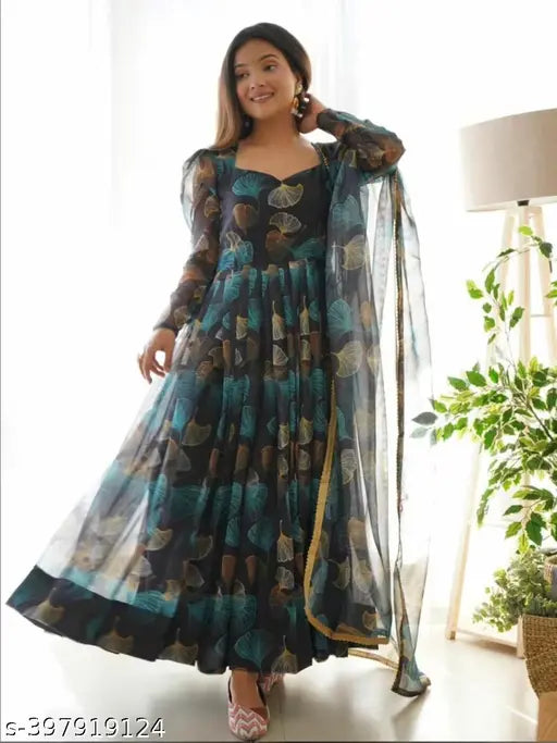 Multicolor block print Georgette flared kurta with attached dupatta, featuring pearl and diamond border. Breathable, high-quality Indian gown for parties, festivals, or office events. Gentle machine wash recommended