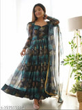 Multicolor block print Georgette flared kurta with attached dupatta, featuring pearl and diamond border. Breathable, high-quality Indian gown for parties, festivals, or office events. Gentle machine wash recommended