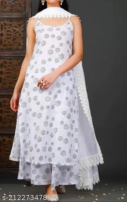 Women's rayon fabric white kurti, palazzo and dupatta set - rayon chiffon sleeveless, printed net summer fashion for couples, India origin