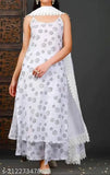 Women's rayon fabric white kurti, palazzo and dupatta set - rayon chiffon sleeveless, printed net summer fashion for couples, India origin