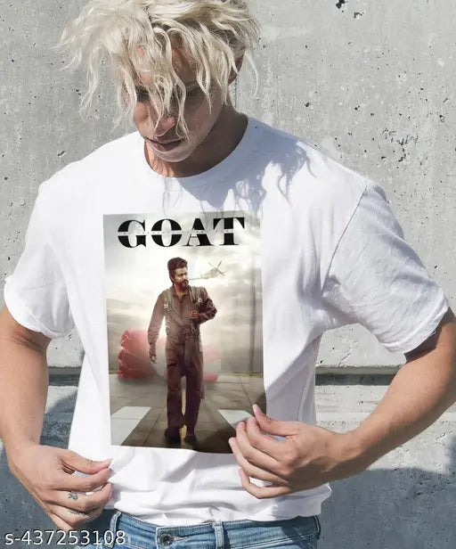 GOAT Thalapathy Vijay printed polycotton round neck, half sleeves men's t-shirt in sizes S, M, L, XL (Indian brand)