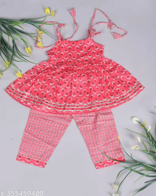 Pink pure cotton printed kurti pajama set for kids, churidar bottom, sleeveless design by Spack Jerrow