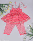 Pink pure cotton printed kurti pajama set for kids, churidar bottom, sleeveless design by Spack Jerrow
