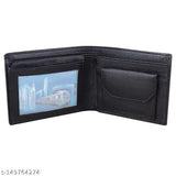 Men's black textured PU wallet, durable with 5 card slots, 2 secret compartments, free size (12cm x 9cm)