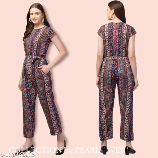 Printed crepe sleeve jumpsuits for women and girls, vibrant net pattern, various sizes available