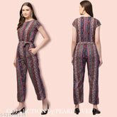 Printed crepe sleeve jumpsuits for women and girls, vibrant net pattern, various sizes available