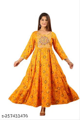 Trendy embroidered rayon tiered gown, three-quarter sleeves, women's formal wear, Indian craftsmanship