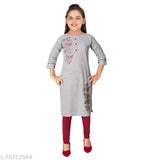 Girls grey cotton blend embroidered net kurti for 4-16 years, India origin