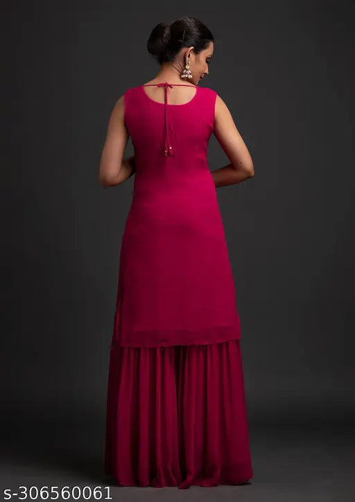 Georgette women's kurta set with sharara, embellished net design, sleeveless, India-made