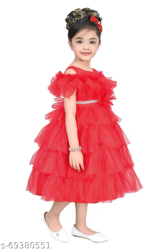 Red net designer dress by RK Collection for girls (2-3 Years, 23in bust, 24in length)