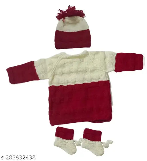 Handmade striped wool sweater set for newborns (0-12 months), includes cap and booties. High-quality Indian craftsmanship
