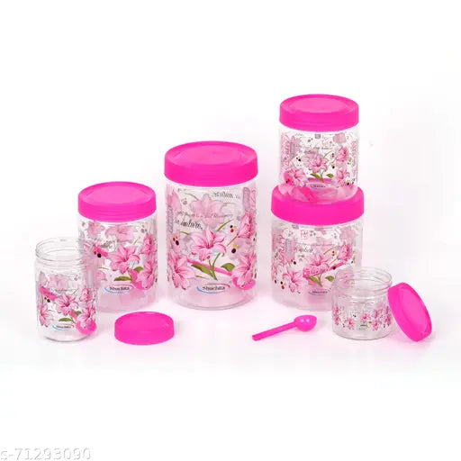 Pink plastic spice containers (2000ml, 1500ml, 1000ml, 750ml, 500ml, 250ml) - Airtight, BPA-free storage for dry fruits, cereals, rice, snacks. Stacks & organizes kitchen essentials