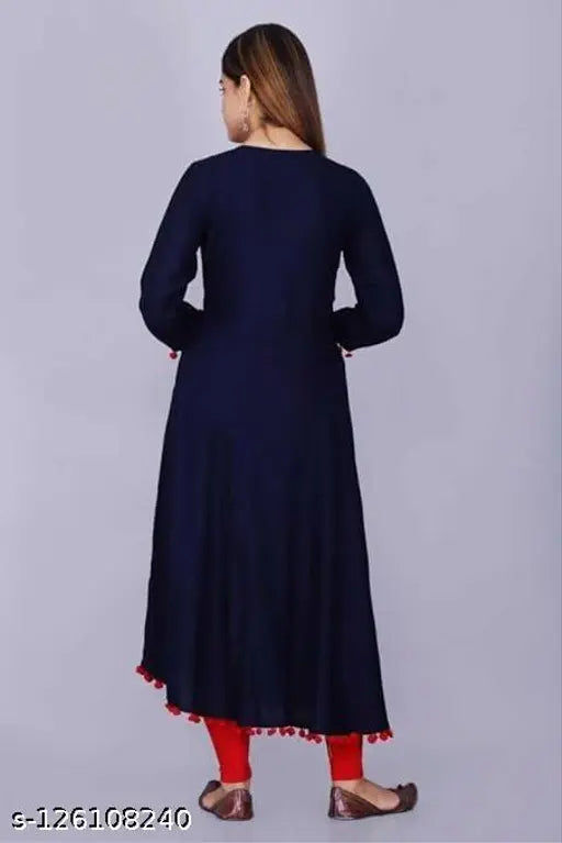 Blue rayon 4latkan kurtis with embroidered pattern, three-quarter sleeve length
