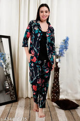 Black cotton night suit (shirt, inner, pant) by Allen India - Printed pyjamas with three-quarter sleeves for women's nightwear