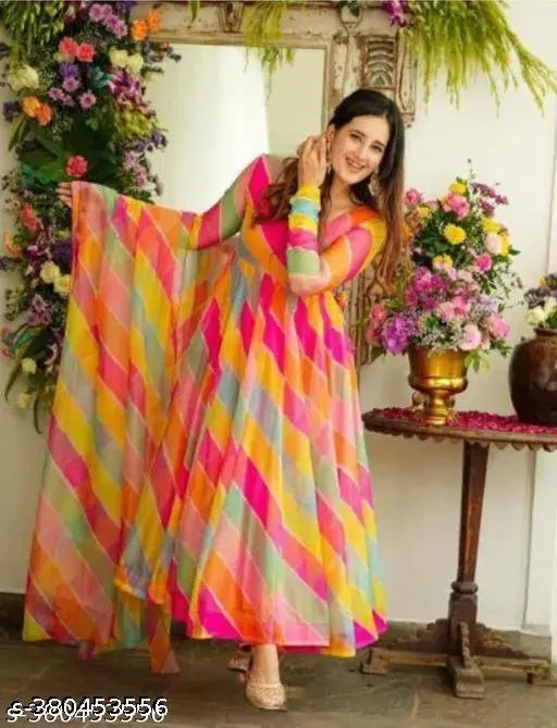 Georgette box print Laheriya ankle-length gown with dupatta, full inner crepe round neck, long sleeves, S-XXXL sizes