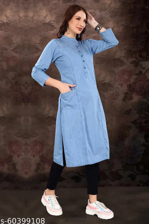 Denim pocket kurti in solid color by Salwa Brand, three-quarter sleeves, Made in India