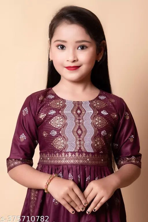 Maroon rayon Naira cut kurta and palazzo set for girls, printed pattern on 3/4 sleeve, Indian-made produce by Rahul Mullick