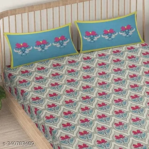 Beige lotus printed cotton flat sheets, 2 pillow covers included, summer-friendly, Indian-made bed linen (90x108in)