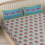 Beige lotus printed cotton flat sheets, 2 pillow covers included, summer-friendly, Indian-made bed linen (90x108in)