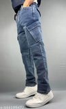 Light Blue Denim cargo jeans for men, offering durability and style with six pockets, 13.5 oz knitted fabric, and straight, baggy fit (Size 28, 30, country of origin: India)