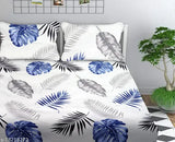 White, cotton, premium elastic fitted bedsheets set (Double) with 2 pillow covers, featuring a botanical print in shades of white, blue and grey. Ideal for summer use on a 78x7210 mattress
