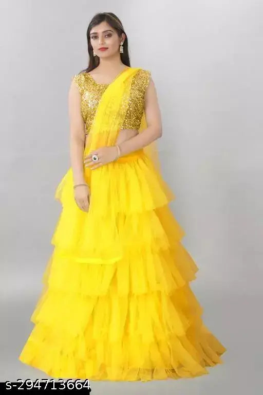 Velvet and net Aagam Sensational women's lehenga set with embroidered top, solid dupatta. Free size, semi-stitched or unstitched, Indian origin