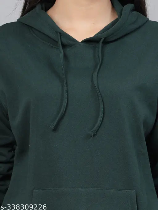 Green cotton solid-hooded oversized sweatshirt for women, relaxed fit with long sleeves and hood - Style Quotient India