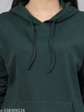 Green cotton solid-hooded oversized sweatshirt for women, relaxed fit with long sleeves and hood - Style Quotient India
