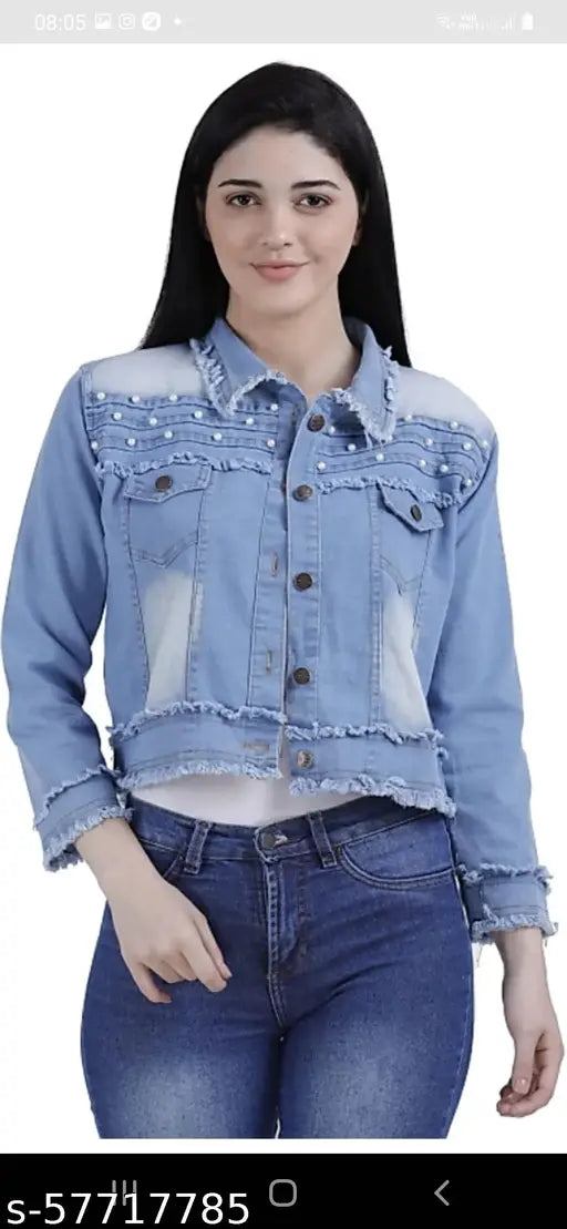 Denim 3-quarter sleeve embellished net 3 patti jacket Moti light, Indian women's fashion jacket on model
