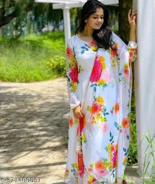 Women's printed rayon Anarkali set with dupatta in georgette fabric - stylish Indian wear for special occasions, single kurta with 3/4th sleeves, gold print pattern