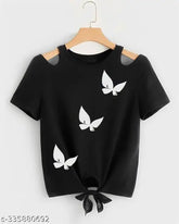 Black lycra crop top with three butterfly prints, short sleeves, suitable for women sizes S-XL