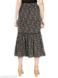 Black crepe floral printed midi skirt with side slit & frill, featuring ruffles and elastic waist, ideal for casual events. Made in India." (106 characters)