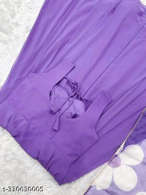 Long-sleeved Georgette lavender dupatta with yellow flower print, Indian traditional wear