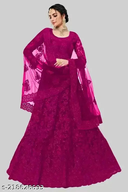 New trending embroidered net lehenga choli set for women, semi-stitched (WAIST42 LENGTH44 DUPPATTA2.2), Indian origin