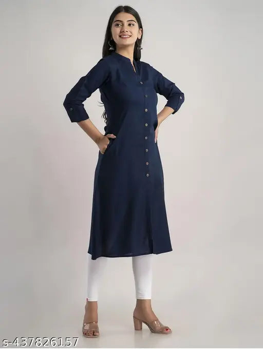 navyblue Rayon A-line mandarin kurti for women, flattering straight fit and three-quarter sleeves