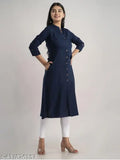 navyblue Rayon A-line mandarin kurti for women, flattering straight fit and three-quarter sleeves