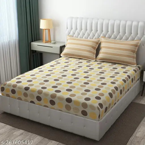 Glace Cotton, geometric printed, superfine elastic fitted queen size double bedsheet with 2 pillow covers, ideal for summer, 72x78 inch