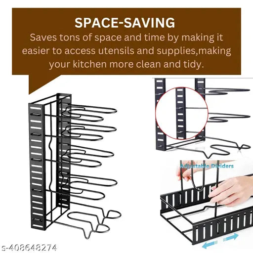 Black stainless steel 5-layer adjustable pan organizer rack stand for large kitchen utensils, 15x8x7 inches