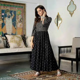 Leheriya print rayon anarkali gown for women, solid color three-quarter sleeves, Indian traditional outfit on mannequin