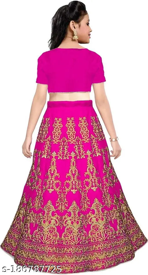 Poly Silk embroidered Indian girls lehenga choli set, featuring short-sleeved top and net dupatta. Set for ages 5-12 years, available in multiple sizes