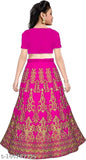 Poly Silk embroidered Indian girls lehenga choli set, featuring short-sleeved top and net dupatta. Set for ages 5-12 years, available in multiple sizes