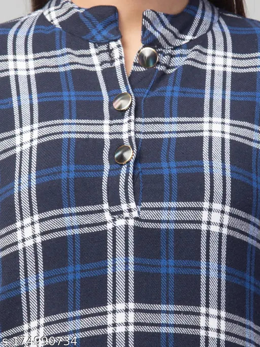 Blue woolen women's checkered straight kurta with three-quarter sleeves