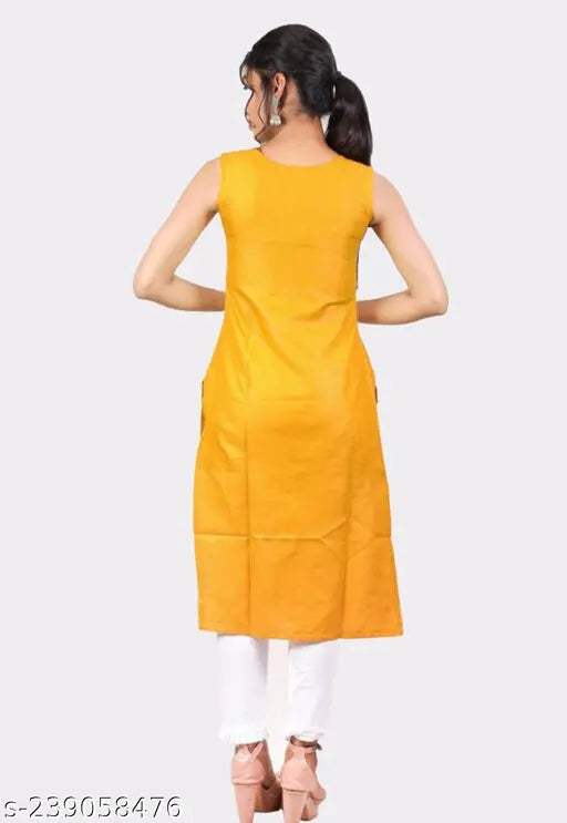 Yellow colorblocked pure cotton kurtis for women on hangar, sleeveless style, India origin