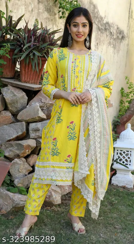 Fashionable viscose silk maslin straight kurti set with printed net pant & dupatta, premium quality Indian attire for women in M (bust 38in)