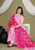 Pink cotton kurti set with dupatta and bottomwear, printed, sleeveless, stitched. Women's Indian traditional wear