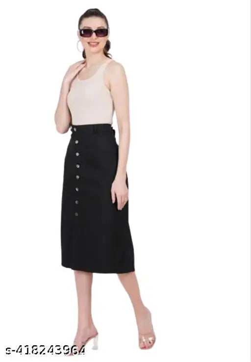 Black denim girls skirt, solid pattern for standard hip sizes 28-34, easily fits waist and length accordingly