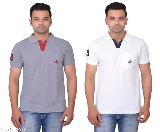 Cotton blend polo neck t-shirts for men by La MIlano, solid color with matching lace opening and piping detail. Combo includes size L & XXL, perfect for a stylish wardrobe upgrade. Made in India