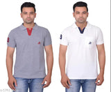 Cotton blend polo neck t-shirts for men by La MIlano, solid color with matching lace opening and piping detail. Combo includes size L & XXL, perfect for a stylish wardrobe upgrade. Made in India