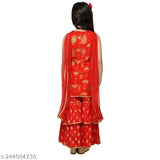 Red rayon Sharara set with C-Cut, trendy girls' clothing on display in printed net pattern